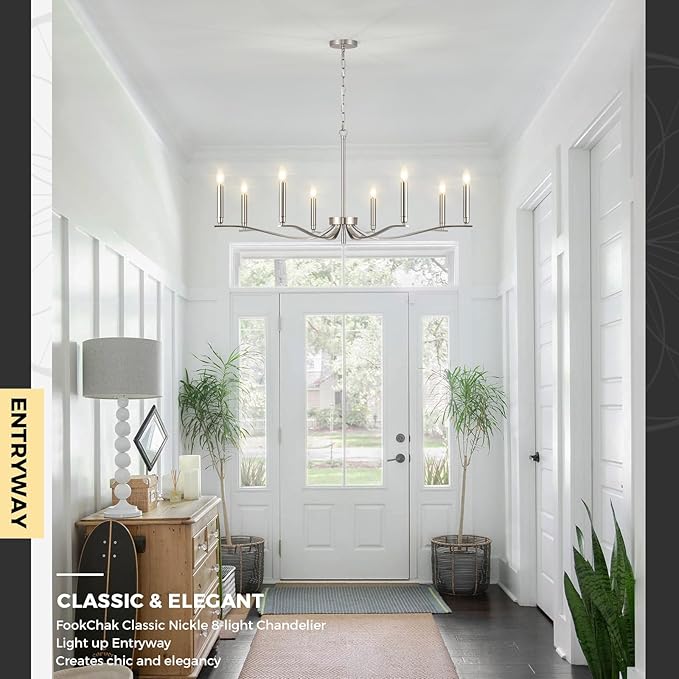 Nickel Chandeliers for Dining Room, 8-Light Chandelier Light Fixture Over Table Modern Candle Chandelier 44in Master Bedroom Chandeliers Lighting for Entry Foyer Bathtub Living Room