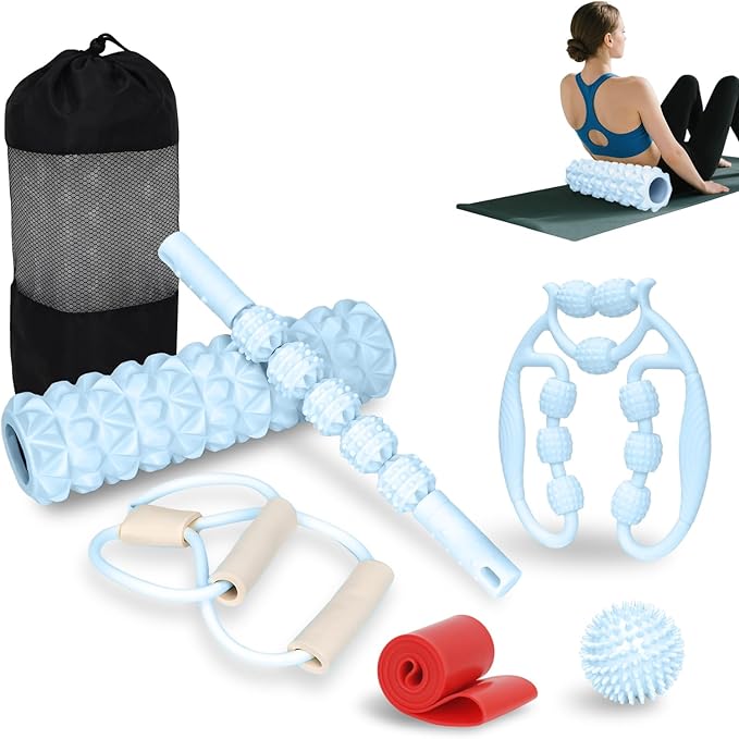 7 in 1 Foam Roller,Products Include Foam shafts,Muscle Roller Bars,Leg Massagers,Fascia Balls,Stretch Bands,8-Shaped Resistance Bands,are Used for Full-Body Relax,Yoga(White Pink Blue) (Blue)
