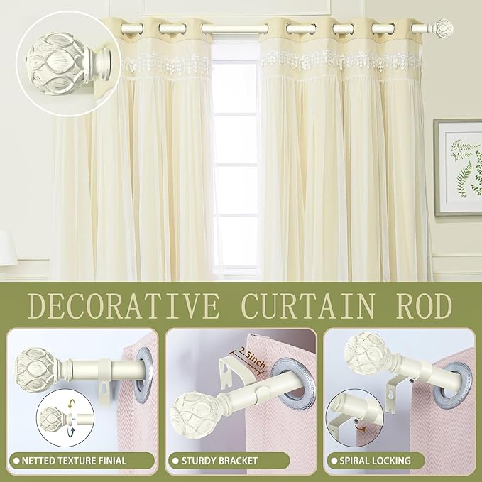White Farmhouse Curtain Rods for Windows:Heavy Duty Adjustable Curtain Rod for Bedroom Living Room,Boho Decorative Rustic Drapery Rods with Vintage Coastal Finials,Antique White 2 Pack 18-45"