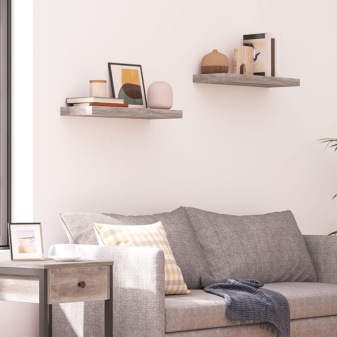 HOOBRO Floating Shelves, Wall Shelf Set of 2, 23.6 Inch Hanging Shelf with Invisible Brackets, for Wall Decor in Bathroom, Bedroom, Toilet, Kitchen, Living Room, Office, Greige BG60BJ01G1