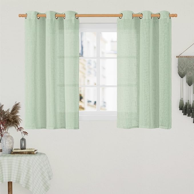 LAMIT Short Linen Curtains 40 Inch Length for Small Window, Fresh Green Light Filtering Semi Sheer Panels Bronze Grommet Neutral Drapes for Basement/Window, 2 Panels, 34 x 40 Inch