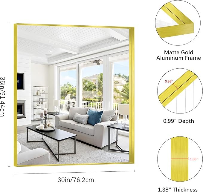 Gold Bathroom Mirror, 30x36 Inch Rectangular Framed Mirror, Large Wall Mounted Bathroom Vanity Mirror Over Sink for Bedroom,Restroom, Living Room, Hangs Vertically or Horizontally