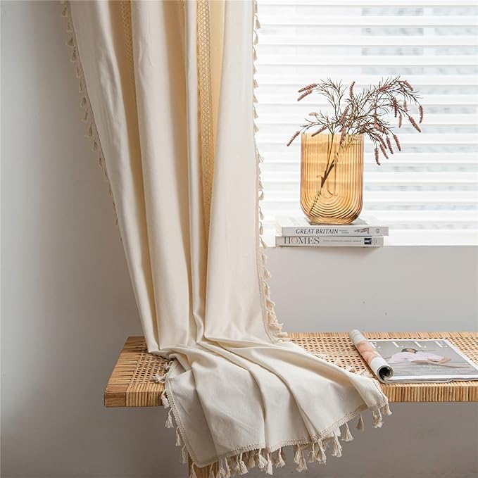 Sutuo Home Boho Curtain Crochet Dots Patchwork Semi-Blackout Bohemian Handmade Tassels, Rod Pocket Window Treatment Vintage Rustic Farmhouse Drapes for Living Bedroom, 1 Panel 59" W x 84" L, Beige