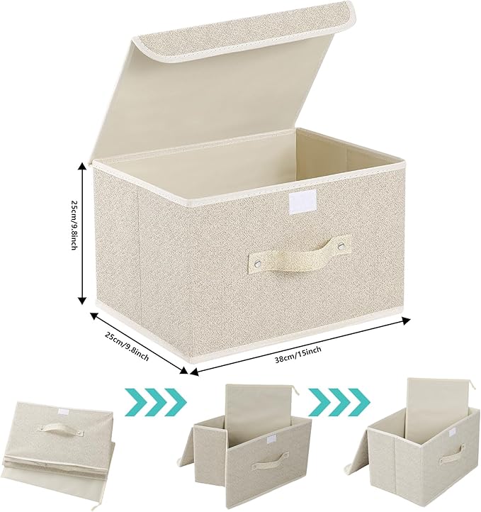 Fabric Storage Bins Cube Organizers with Flip-Top Lid and Handles,Storage Boxes for Organizing Home,Office,and Closet,Grey and Beige,3 Pack 15 x 9.8 x 9.8 in