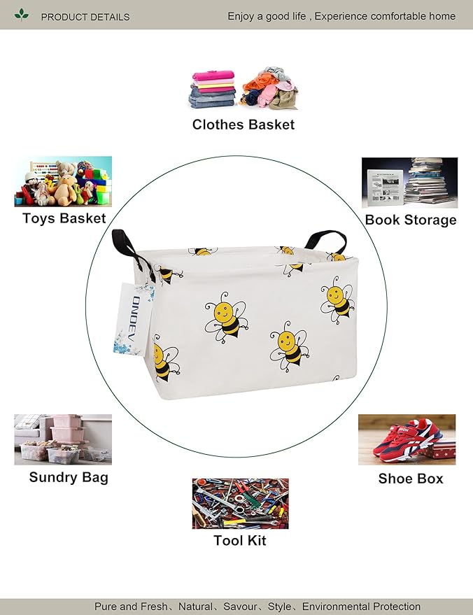 Rectangular Folding Laundry Basket, waterproof Canvas Basket,gift basket,Suitable for children's room,Office,Clothes,Toys Storage(Bee)