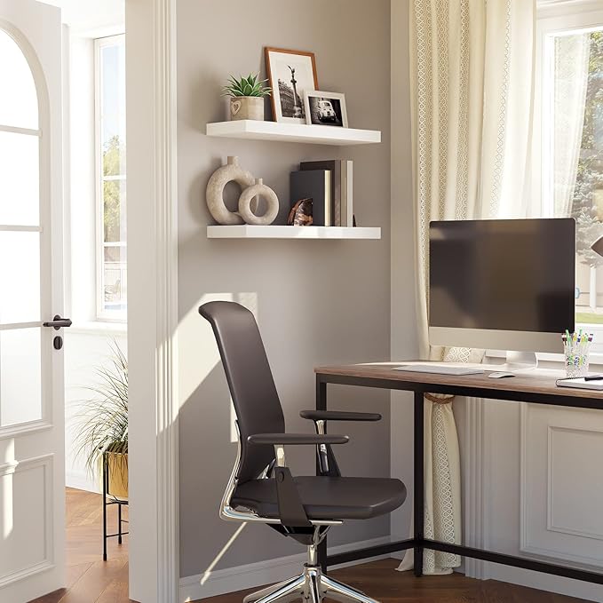 HOOBRO Floating Shelves for Wall, Wall Mounted Shelf Set of 2, 23.6" Hanging Shelf with Invisible Brackets, for Wall in Bathroom, Bedroom, Toilet, Kitchen, Living Room, Office, White WT60BJ01