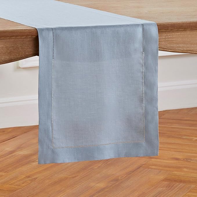 Solino Home Linen Dusty Blue Table Runner 72 Inches Long - 100% Pure Linen Hemstitch Table Runner 14 x 72 Inch for Dresser, Dining, Fall, Autumn, Halloween, Thanksgiving - Classic Hemstitch
