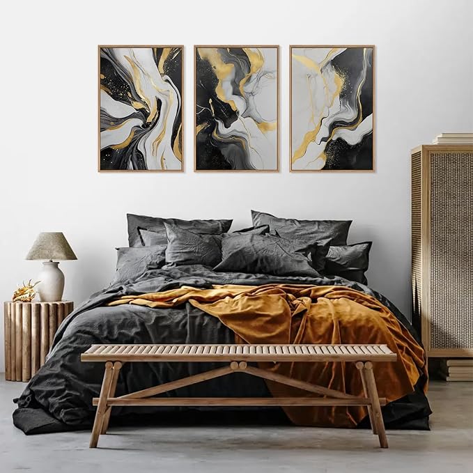 HLNIUC Abstract Gold and Black Framed Canvas Wall Art,Large Neutral Black and White Wall Decor Set of 3(16”x24”)Modern Gold Foil Framed Painting,Textured Marble Fluid Art Print for Living Room,Bedroom