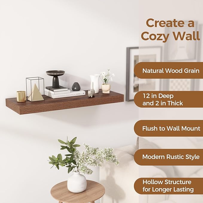 Fun Memories 30 Inch Floating Shelves, 12 Inch Deep Floating Shelf for Wall, Rustic Deep Shelves for Books, Bathroom, Living Room, Kitchen, 30 x 12 x 2 Wood Floating Shelves, Walnut Color, Set of 2