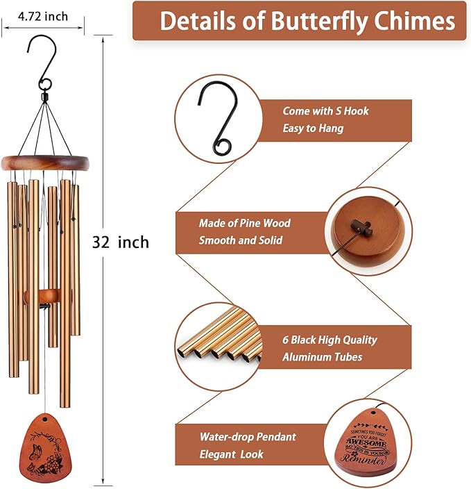 Wind Chimes for Outside, 32" Butterfly Windchime for Outdoor, Butterfly Gifts for Mom Sister, Garden Patio Gift Ideas for Women Friend Co-Worker (Golden)