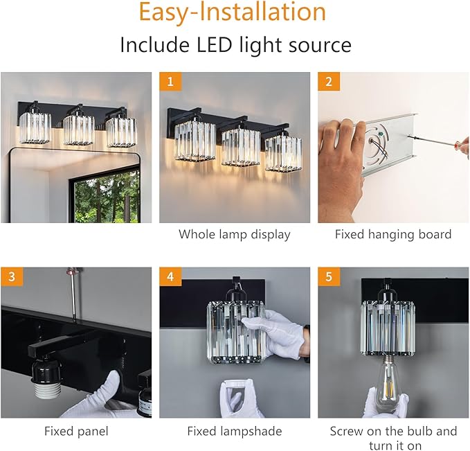 Modern Bathroom Vanity Light 3-Lights Plating Black Crystal Bathroom Wall Light Vanity Light Fixtures