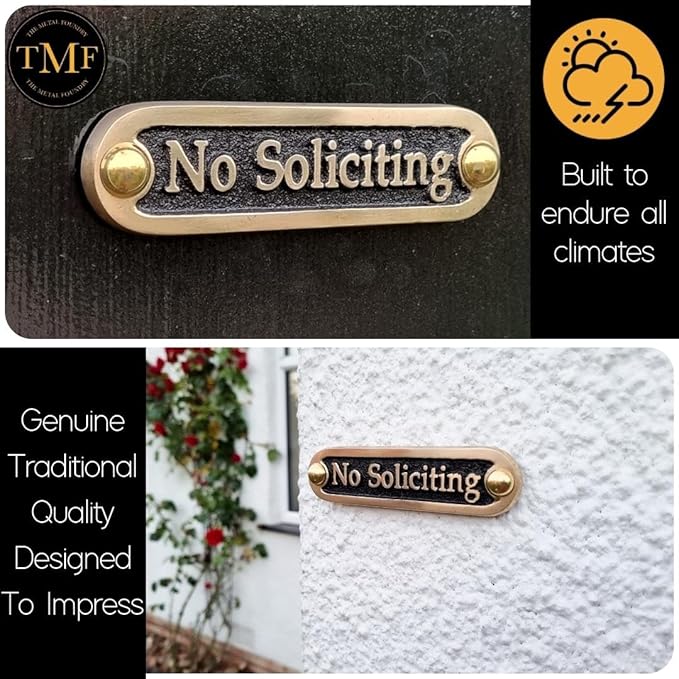 No Soliciting Brass Door Sign. Traditional Style Home Décor Wall Plaque Handmade By The Metal Foundry UK.