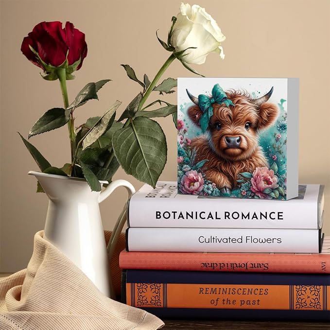 Highland Cow Decor, Highland Cow Gifts for women, Highland Cow Baby Decor, Cow With Pink Bow, Highland Cow Nursery Decor, Wooden Box Decor Sign for Home Farmhouse Office Living Room Table Shelf