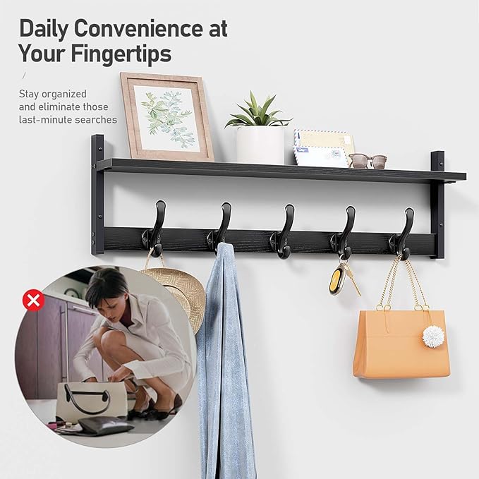 Tatub 29" Rustic Coat Rack Wall Mount with Shelf, Entryway Wall Hooks with Shelf, Coat Hangers for Bathroom, Living Room, Bedroom, Black