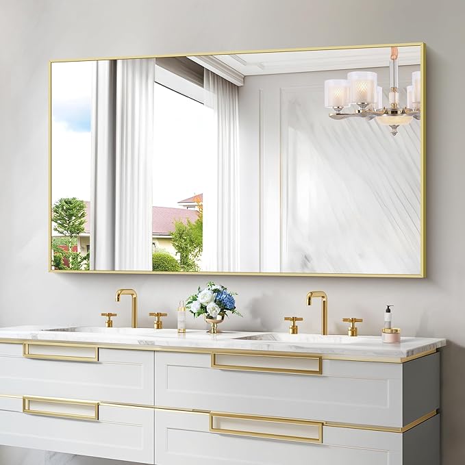 30x55In Gold Bathroom Mirror for Wall, Brushed Gold Rectangle Mirrors with Metal Frame, Bathroom Rectangular Mirror Modern Wall Mirror for Bedroom Living Room, Hangs Horizontal or Vertical