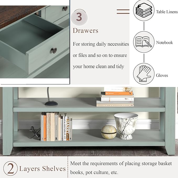 Solid Wood Console Table Sofa Table with Storage Drawers and Bottom Shelf Entryway Table for Entry Hallway Foyer Sofa Couch Table,Fully Assembled (48.8" Green)