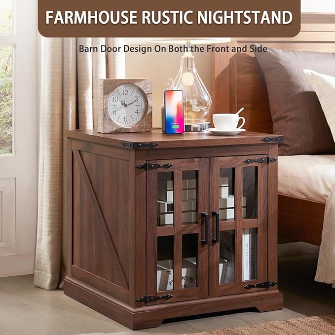 Farmhouse End Table with Charging Station,24" Large Side Table with Glass Barn Door, Rustic Wood Nightstand Bedside Table with Adjustable Storage Shelf for Living Room, Bedroom,Walnut,2 pack