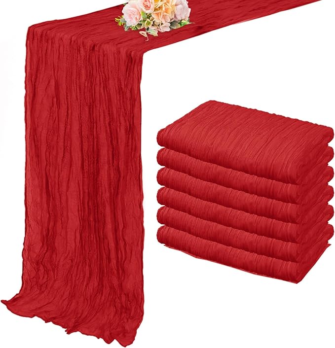 6 Pack Red 10FT Cheesecloth Table Runner Rustic Gauze Fabric Cheese Cloth Table Runner for Wedding Bridal Baby Shower Table Decor Boho Sheer Birthday Party Table Decorations 20 x 120 Inch Long