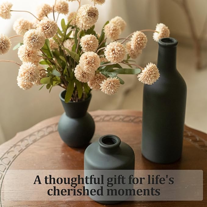 Fake Flowers in Vase for Centerpieces, Faux Flowers in Modern Ceramic Vase Set of 3 with 8 Artificial Autumn Chrysanthemums Home Decor