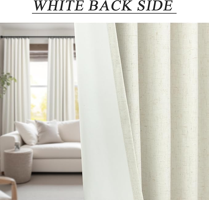 Natural Linen Back Tab Blackout Curtains & Drapes 96 Inch Long for Bedroom Livingroom Farmhouse Curtain 2 Panel Neutral Cute Black Out Room Darkening Thermal Insulated 8ft Pleated Window Curtain Cream