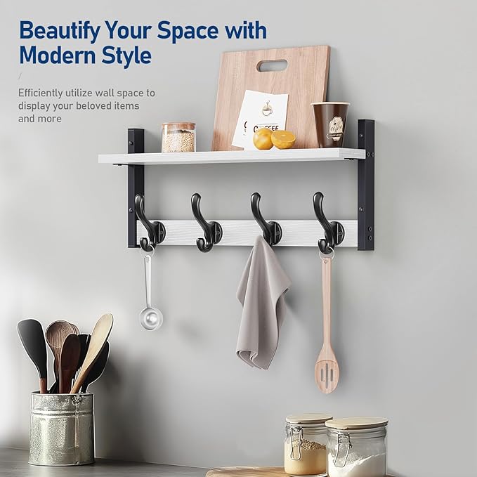 Tatub 20" Rustic Coat Rack Wall Mount with Shelf, Wall Hooks with Shelf, Heavy Duty Entryway Organizer Hangers for Hanging, Hat, Bag, Jacket for Bathroom, Living Room, Bedroom, White