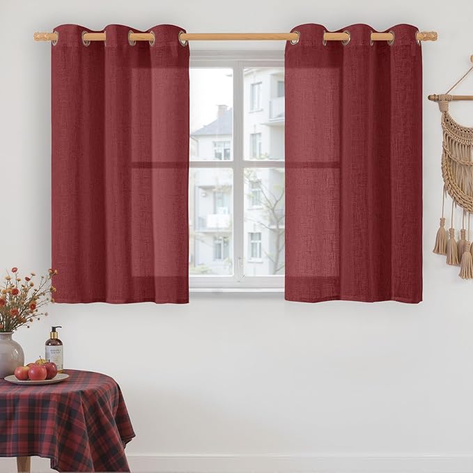 LAMIT Red Linen Curtains 40 Inches Long for Kitchen, Semi Sheer Light Filtering Panels Bronze Grommet Christmas Decor Drapes for Small Windows/Bathroom, 2 Panels Set, Burgundy Red, 34 x 40 Inch