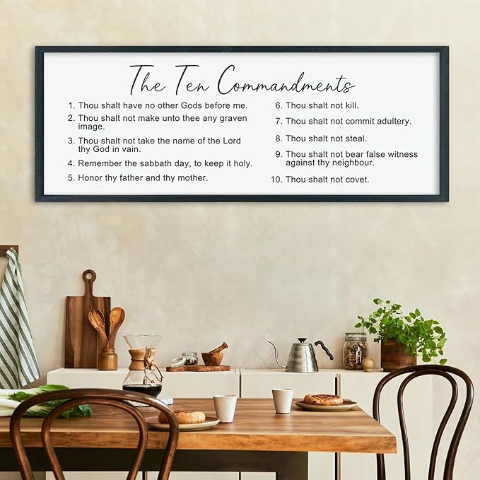 LuZhiQiang The Ten Bible Verse Wall Decor 40"×15" God Jesus Prayer for Christian Saying Catholic Scripture Sign Large Wood Framed Wall Hanging Art (Black)