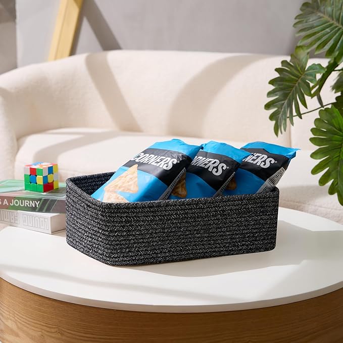 Large Shallow Organizing Baskets 15x11x5.1 Inches - Rope Woven Storage Bins for Bathroom, Shelves, Cube Closet, Mixed Black 2 Packs