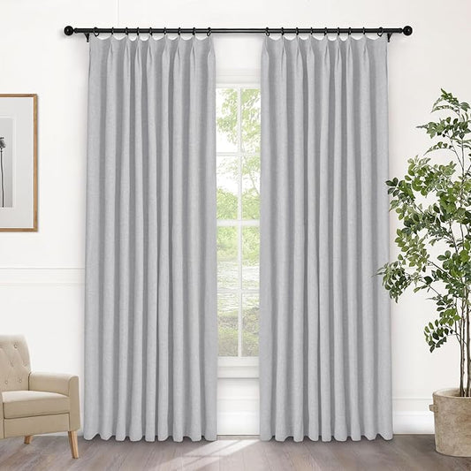 Macochico Pinch Pleated 100% Blackout Curtains Silver Grey Linen Curtains for Bedroom Living Room Farmhouse Thermal Insulated Window Panels Pleated Curtains with Hooks and Tieback 52”Wx72”L 1 Panel