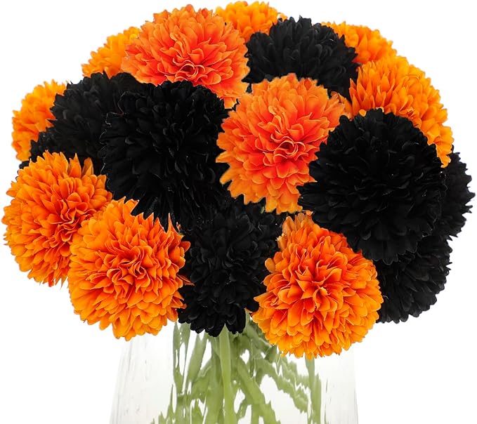 Kimura's Cabin 20Pcs Faux Mums Flowers Fake Chrysanthemum Artificial Silk Ball Flowers for Halloween Garden Home Kitchen Table DIY Decoration Center Fall Bouquets (Orange Black)