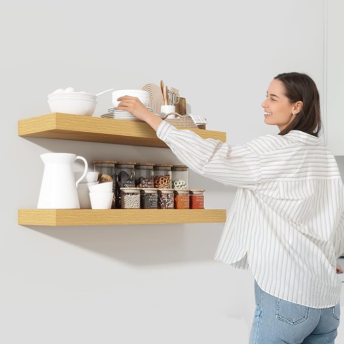 Heimlove 55 Inch Floating Shelves for Wall,10 Deep Large Rustic Wall Shelf with Heavy Duty Brackets,Wall Mounted Storage & Display Shelves for Bedroom,Living Room,Kitchen,Office,Oak Color