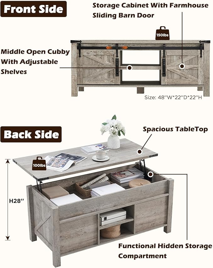OKD 48" Farmhouse Lift Top Coffee Table with Sliding Barn Door, Rustic Center Table w/Hidden Storage Compartment, Lift Tabletop Dining Table w/Adjustable Shelf for Living Room,Light Rustic Oak