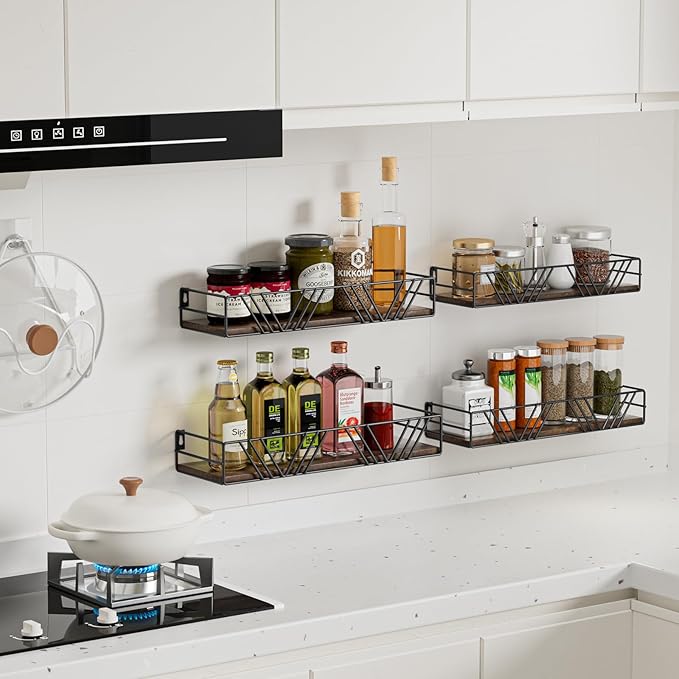 Floating Shelves for Wall Set of 4, Different Sizes Mounted Wood Floating Shelf, Wall Shelves for Living Room, Bedroom, Bathroom, Kitchen, Farmhouse Decor, Office