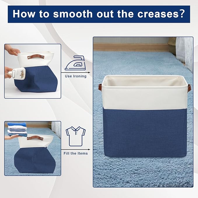 Large Fabric Storage Baskets | 50L Storage Bins, Decorative Linen Closet Baskets with Handles for Organizing, Shelf, Toys, Clothes, Home, Office, Nursery, 17x12x15Inches (Navyblue&White)