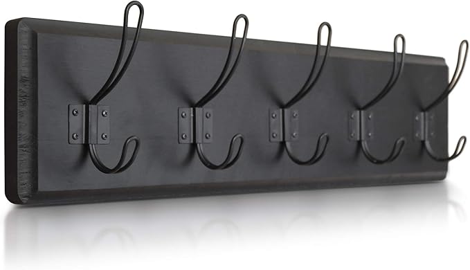 HBCY Creations Black Rustic Coat Rack Wall Mount with 5 Hooks, Solid Pine Wood 24 inch Wall Hooks for Entryway, Mudroom, Hallway, Bathroom - Vintage Farmhouse Style Wall Mounted Towel Rack
