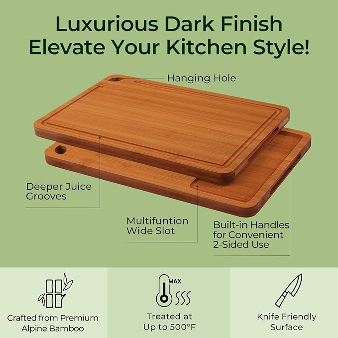 Bamboo Cutting Board, Durable Wood Cutting Boards for Kitchen with Deep Juice Grooves & Built-in Handles, Ideal Charcuterie & Chopping for Meat, Vegetables and Fruits Ideal Kitchen Gifts