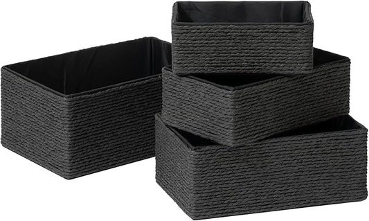 LA JOLIE MUSE Storage Baskets Set 4 - Sturdy Woven Paper Rope Decorative, Stackable Wicker Baskets for Makeup Closet Bathroom Bedroom (Ebony Black)