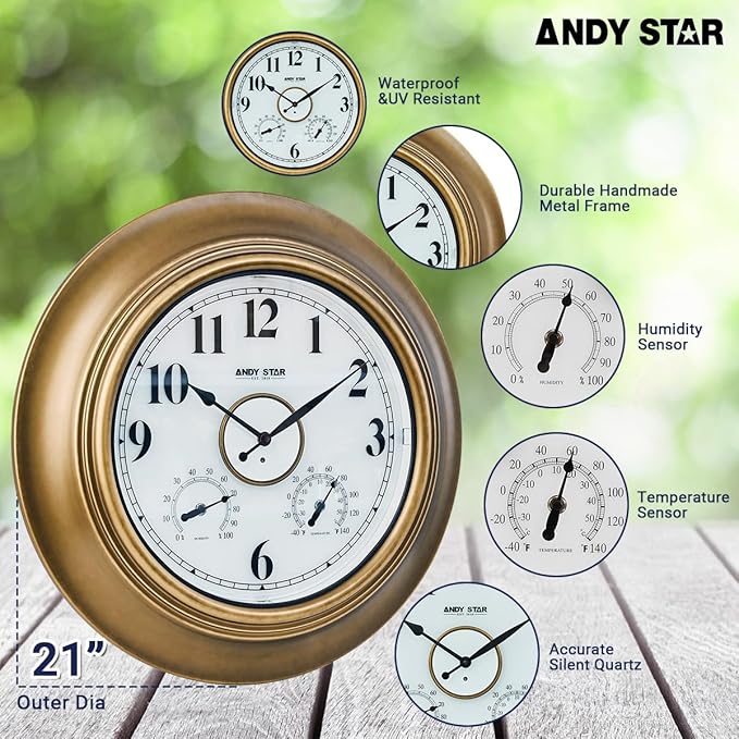 ANDY STAR 21 Inch Outdoor Clocks Waterproof, Large Outdoor Wall Clocks for Patio with Thermometer, Weatherproof Illuminated Clock Battery Operated with Thermometer&Hygrometer, Gold Metal Finish