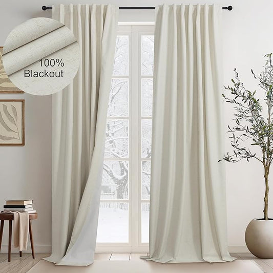 Long Black Out Curtains 108 Inch Length 2 Panel Complete Blackout Full Light Blocking Heat Winter Cold Thermal Insulated Neutral Linen Drape for Bedroom Living Room Cloth Canvas Textured 9 FT Beige