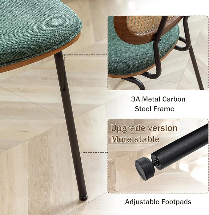 Rattan Dining Chairs Set of 4, Mid Century Modern Dining Chairs with Cane Back for Kitchen Dining Room, 19 Inch Fabric Green