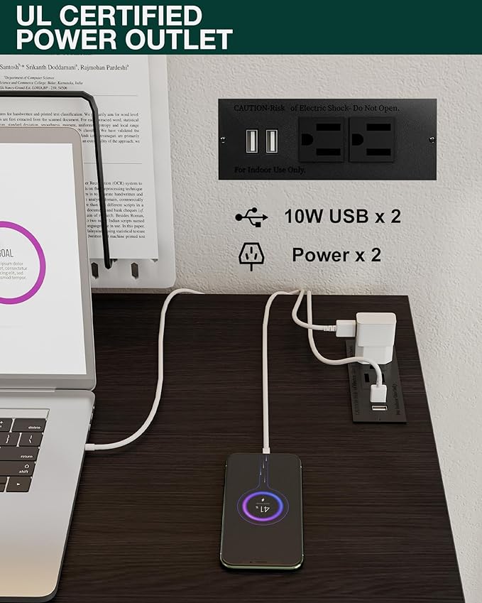 Frylr Small Folding Computer Desk – 55.1 Inch Portable Table for Craft and Study, Lightweight Desk for Small Spaces, Foldable Laptop Table Built-in AC/USB Outlets for Convenience, Charcoal Wenge