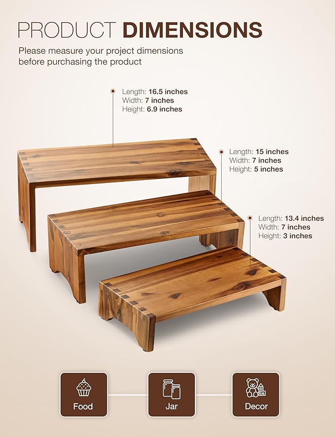Acacia Wood Risers Display Stands Set of 3 - Wooden 3 Tier Cupcake Stand - 3 Tiered Riser for Vendors - Decorative Display Risers for Food Desserts Stand, Perfume, Funko POP at Party Wedding