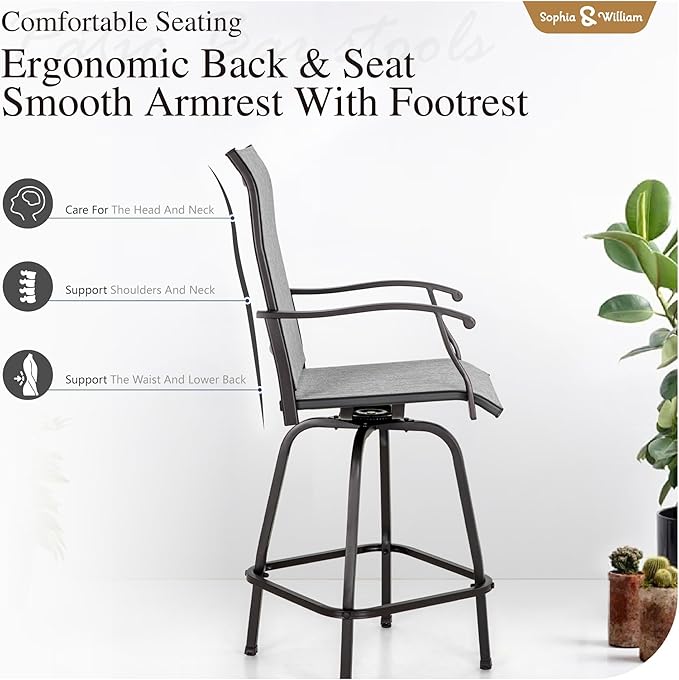 Sophia & William Outdoor Bar Set, Patio Bar Table and Chairs Set Patio Dining Set, Bar Height Patio Set - 6 x Swivel Bar Chairs(Grey), 1 x Rectangular Bar Table(Black)