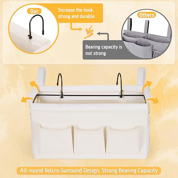 Bedside Caddy Bedside Organizer Bedside Storage Caddy with Fixed Straps and Water Bottle Holder for Home College Dorm Bunk Bed Hospital Bed Crib Bed Rails (White)