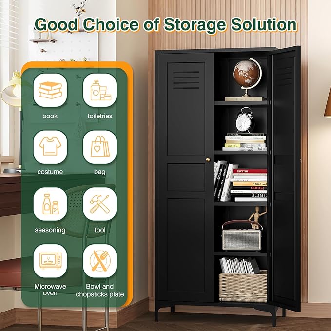 Letaya Black Storage Cabinet with Feets-Metal Home Kitchen Pantry Cabinets with Doors and Adjustable Shelves,Organization Locker for Cupboard/Bedroom/Dining/Living/Bathroom/Office/Garage Room (Black)