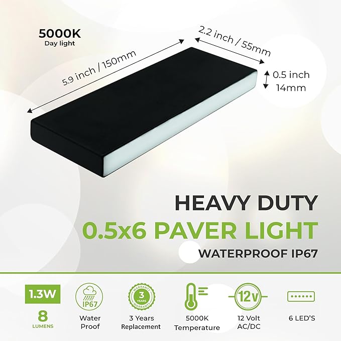 LUMENGY Paver Light Slim 0.5x6 Inch Glare-Free Brick Lighting for Pavers, Walls, Driveway, Pathway & Garden, 5000K 12V Waterproof, Drive-Over Rated