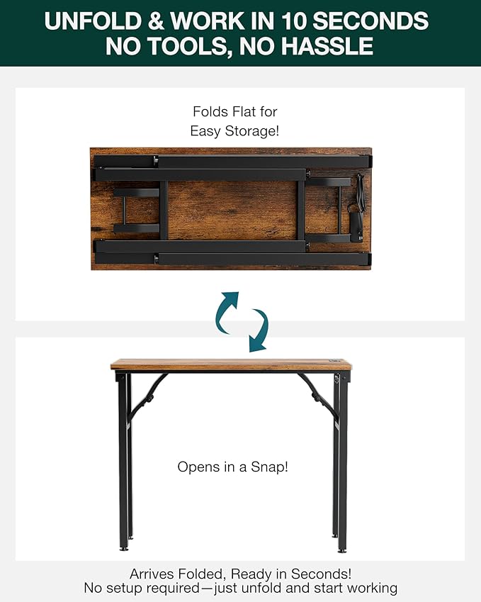 Frylr Small Folding Computer Desk – 35.8 Inch Portable Table for Craft and Study, Lightweight Desk for Small Spaces, Foldable Laptop Table Built-in AC/USB Outlets for Convenience, Rustic Brown