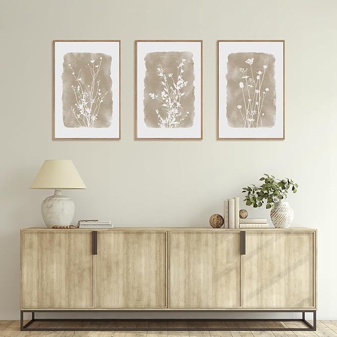 HPINUB Large Boho Wildflowers Canvas Framed Wall Art Set,Minimalist Vintage Flower Wall Decor,Beige Floral Botanical Artwork for Living Room Bedroom,Dining Room,Office -16"x24"x3