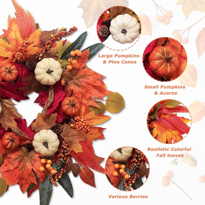Fall Wreaths for Front Door, DECSPAS 21" Fall Wreath with Maple Leaves Pumpkin Berries, Autumn Decorations for Home, Artificial Harvest Door Wreath Outside, Window, Wall, Fireplace, Thanksgiving Decor