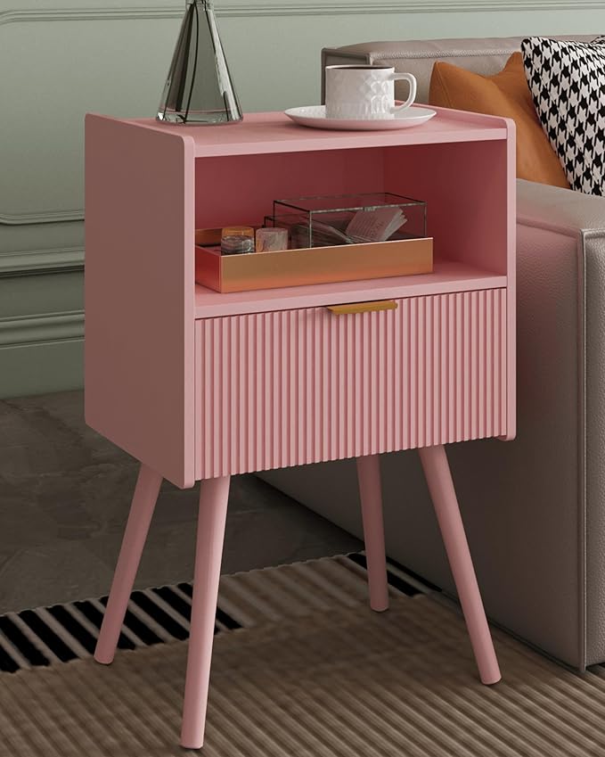 Nightstand,Modern Bedside Table with Storage Drawer and Open Wood Shelf, Accent Night Stand with Solid Wood Legs for Living Room, Bedroom and Small Spaces,Easy Assembly (Pink)